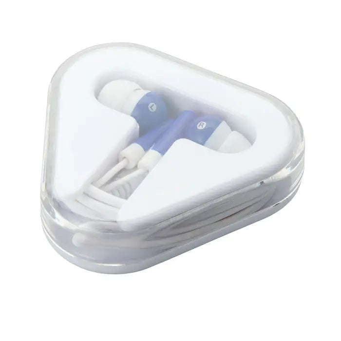 Casti in carcasa PS albe si albastre in-ear intr-o carcasa transparenta in forma de inima