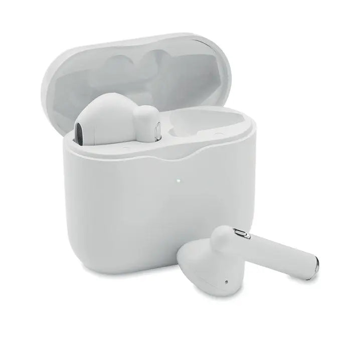Casti tws cu baza de incarcare alb wireless cu design minimalist si accente metalice subtile pe suprafete netede