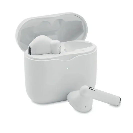 Casti tws cu baza de incarcare alb wireless cu design minimalist si accente metalice subtile pe suprafete netede
