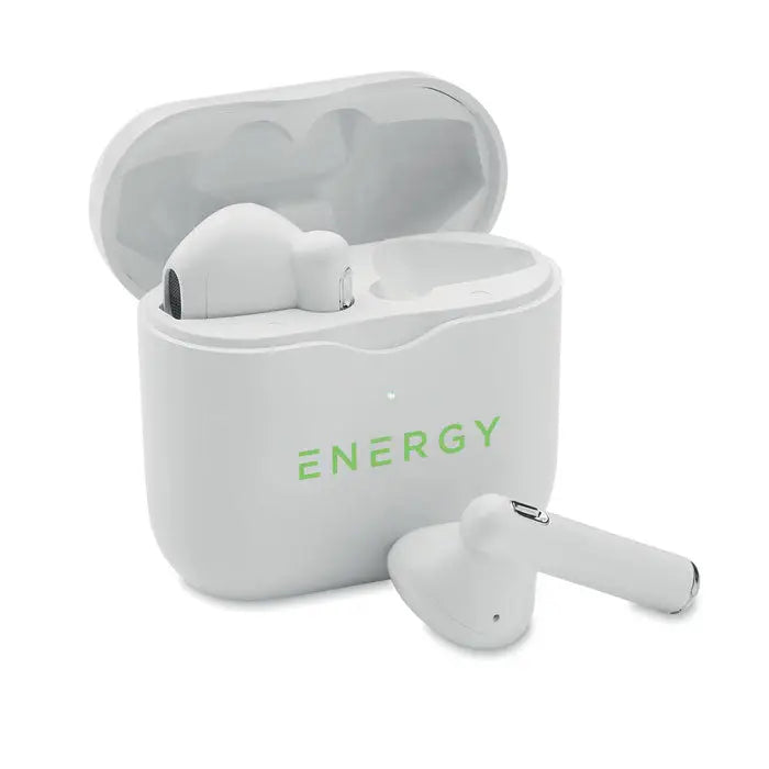 Casti tws wireless albe cu baza de incarcare albă și inscripția energy verde pentru utilizare comodă
