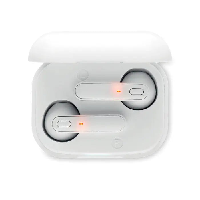 Casti tws albe cu baza de incarcare si leduri portocalii, casti wireless elegante si compacte