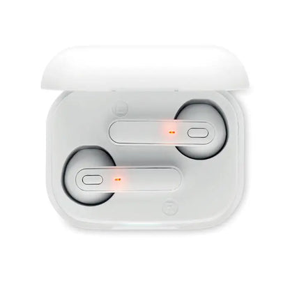 Casti tws albe cu baza de incarcare si leduri portocalii, casti wireless elegante si compacte