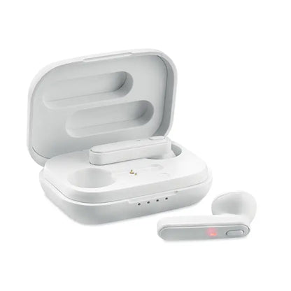 Casti tws cu baza de incarcare alb cu design minimalist si carcasa de incarcare asortata