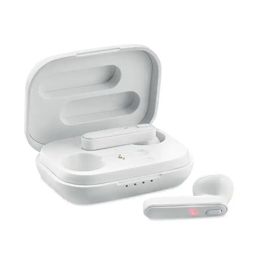 Casti tws cu baza de incarcare alb cu design minimalist si carcasa de incarcare asortata