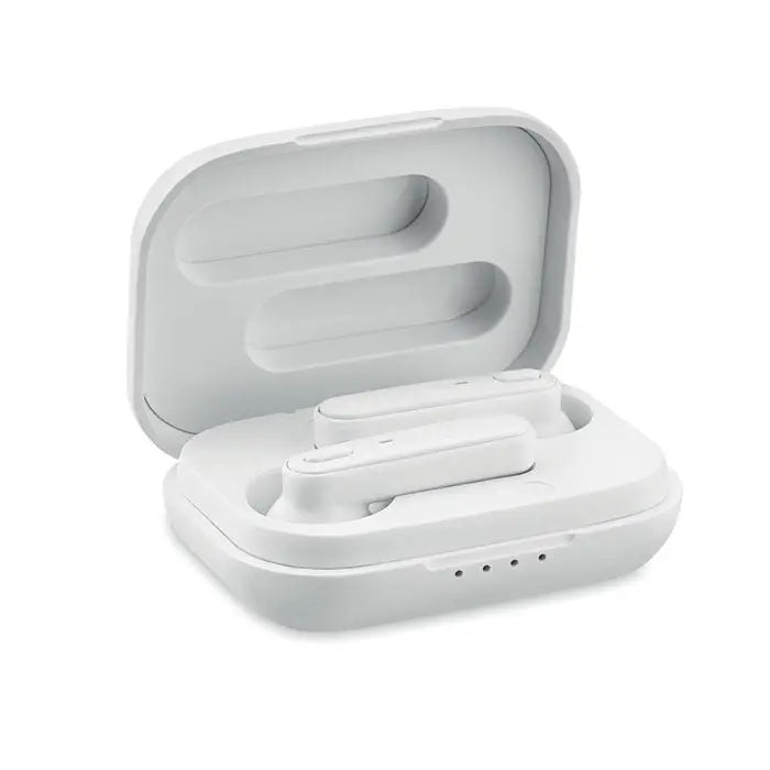 Casti tws albe wireless cu baza de incarcare minimalista si design sleek din material plastic