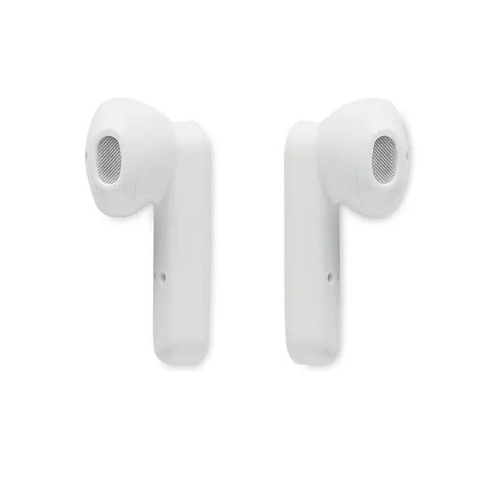 Casti tws albe wireless cu baza de incarcare si design minimalist si grilaje din plasa pentru difuzoare