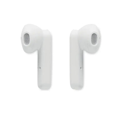 Casti tws albe wireless cu baza de incarcare si design minimalist si grilaje din plasa pentru difuzoare