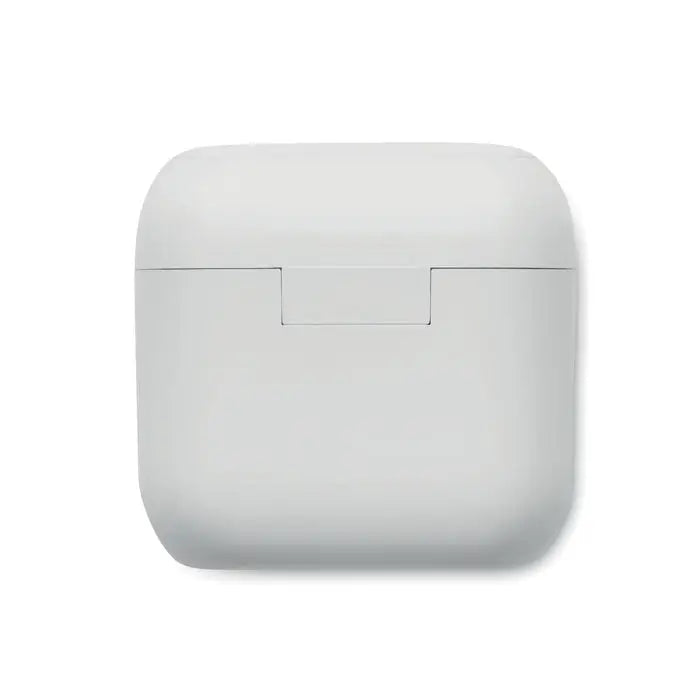 Casti tws cu baza de incarcare alba, finisaj mat si design dreptunghiular minimalist cu balama subtire