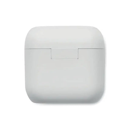 Casti tws cu baza de incarcare alba, finisaj mat si design dreptunghiular minimalist cu balama subtire