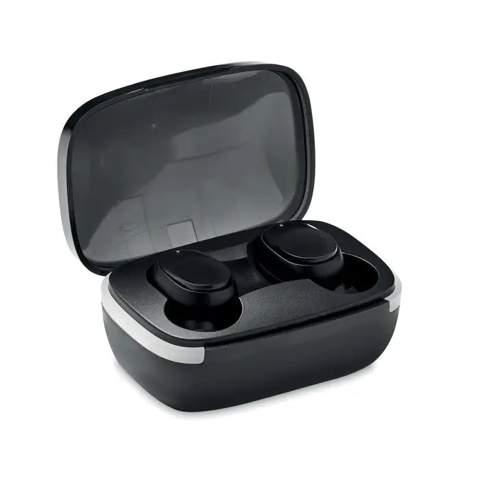 Casti TWS negre wireless in carcasa de incarcare eleganta cu finisaj mat si capac lucios cu accente albe
