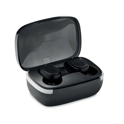 Casti TWS negre wireless in carcasa de incarcare eleganta cu finisaj mat si capac lucios cu accente albe