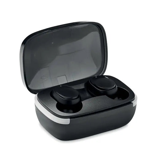 Casti TWS negre wireless in carcasa de incarcare eleganta cu finisaj mat si capac lucios cu accente albe