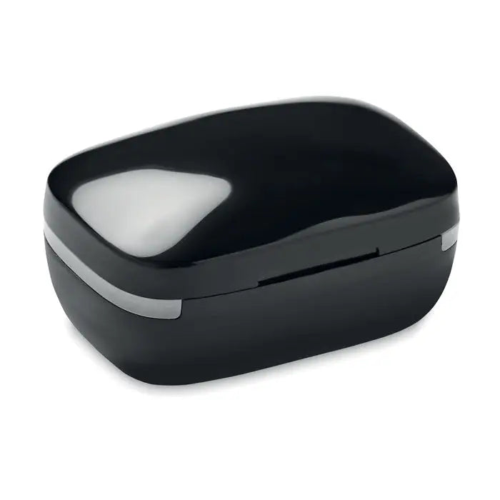 Cărucior de încărcare casti tws negru lucios cu accente argintii pentru căști wireless compacte