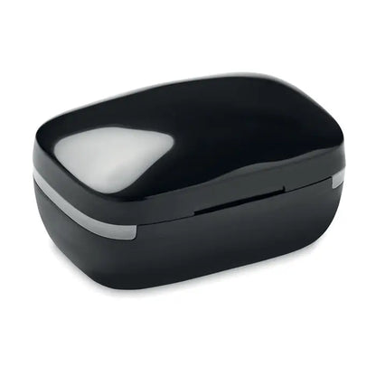 Cărucior de încărcare casti tws negru lucios cu accente argintii pentru căști wireless compacte