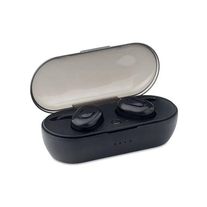 Casti tws cu cutie de incarcare negre cu design smiley face, casti wireless ergonomice in carcasa de incarcare compacta