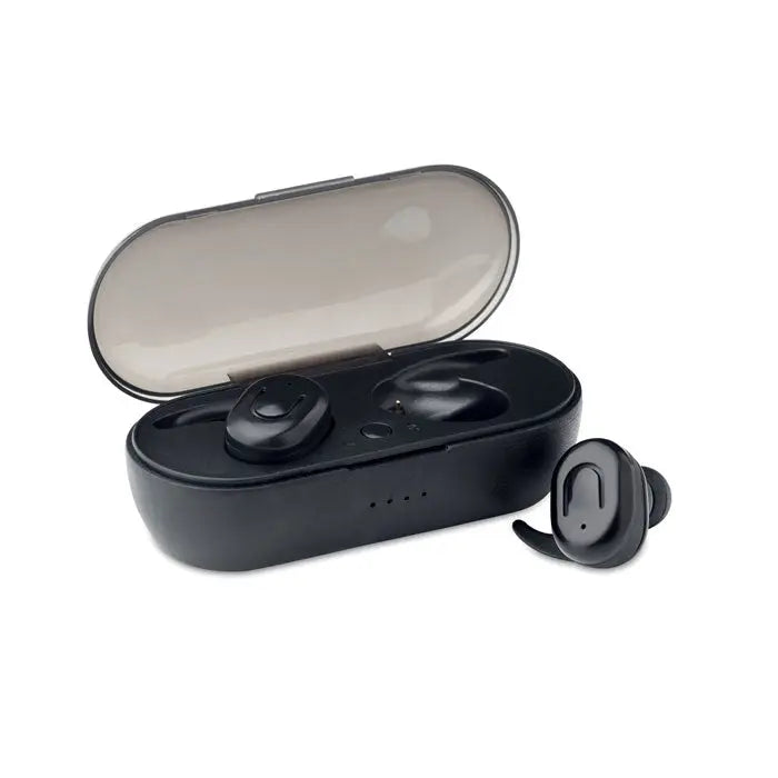 Casti tws cu cutie de incarcare negre wireless cu design ergonomic si carcasa mata neagra