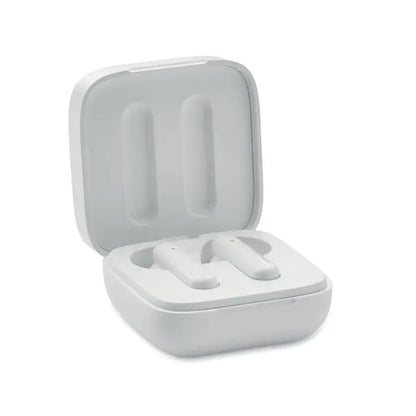 Casti tws cu incarcator solar albe wireless in carcasa alba cu colturi rotunjite si finisaj soft touch