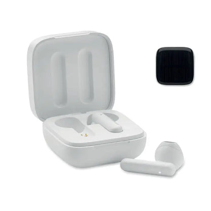 Casti tws cu incarcator solar alb cu design minimalist si finisaj mat fin pentru utilizare wireless