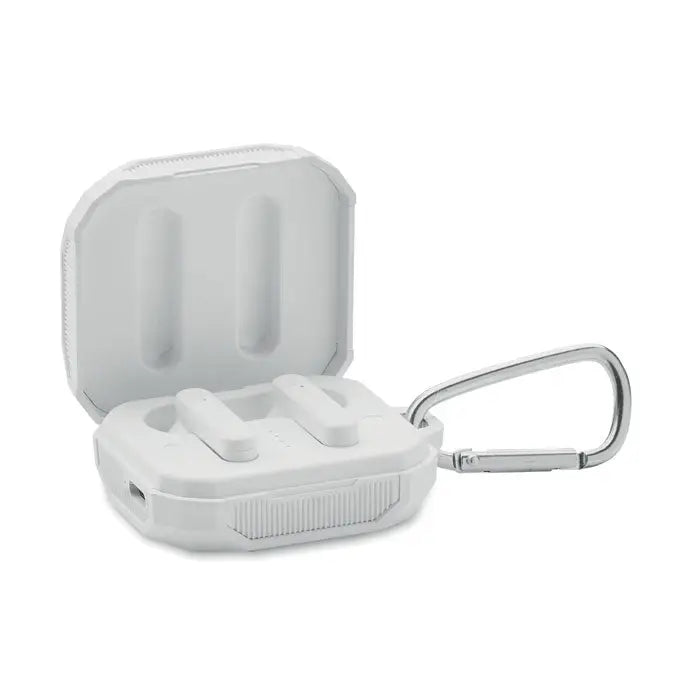 Cască true wireless cu încărcător solar în carcasă albă din silicon cu clips argintiu pentru agățat