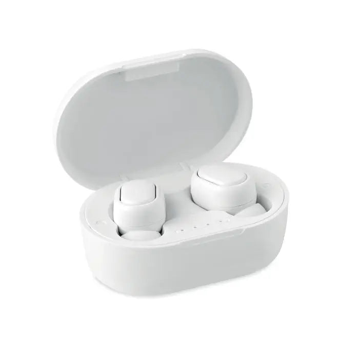Casti tws din abs reciclat cu design alb si carcasa de incarcare ovala eleganta pentru ascultare wireless