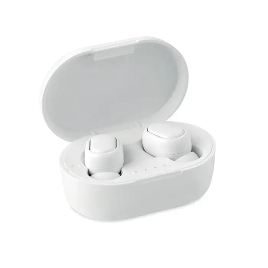 Casti tws din abs reciclat cu design alb si carcasa de incarcare ovala eleganta pentru ascultare wireless