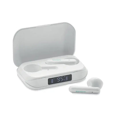 Casti tws din abs reciclat albe sonora wireless cu design minimalist si carcasa cu display digital