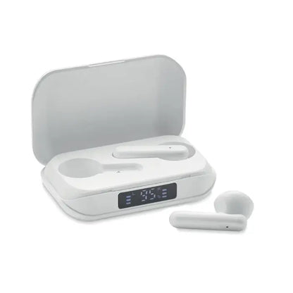 Casti tws din abs reciclat alb cu design minimalist si carcasa de incarcare cu afisaj led