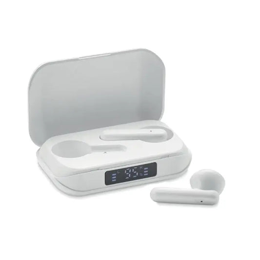 Casti tws din abs reciclat alb cu design minimalist si carcasa de incarcare cu afisaj led