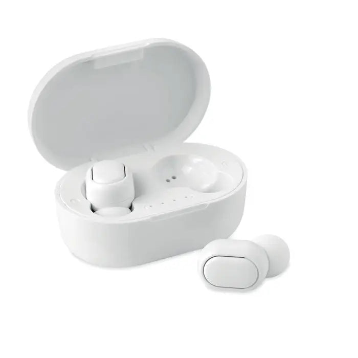 Casti tws albe din abs reciclat cu carcasa de incarcare alba pentru utilizare wireless comfortabila