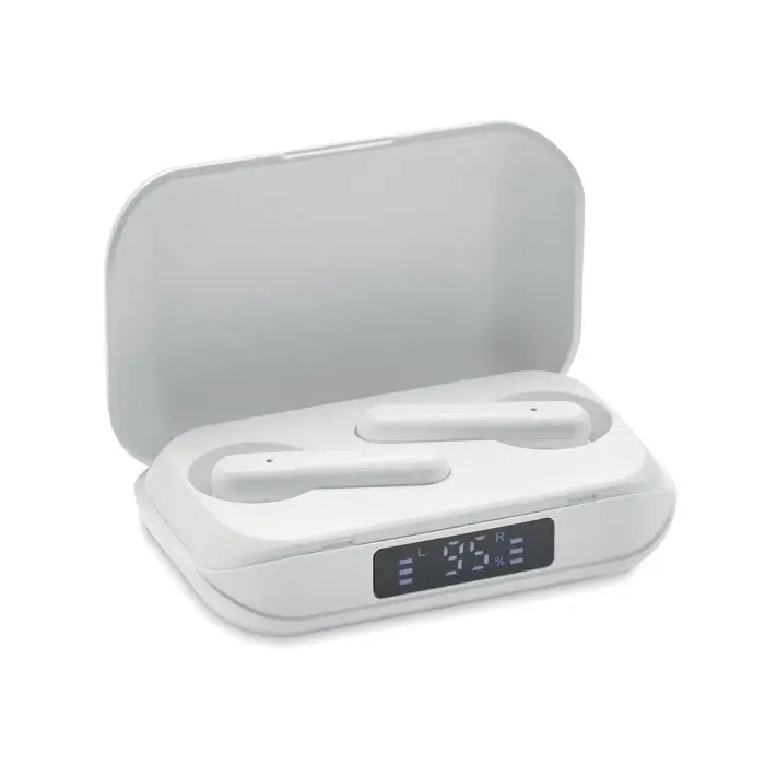 Casti tws albe din abs reciclat in carcasa cu design minimalist si afisaj digital pentru nivel baterie