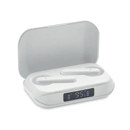 Casti tws albe din abs reciclat in carcasa cu design minimalist si afisaj digital pentru nivel baterie