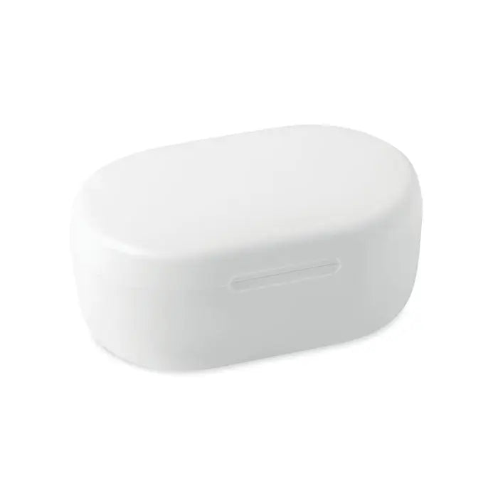Casiță pentru căști tws albă din plastic abs reciclat cu design minimalist și indentație subtilă pentru deschidere