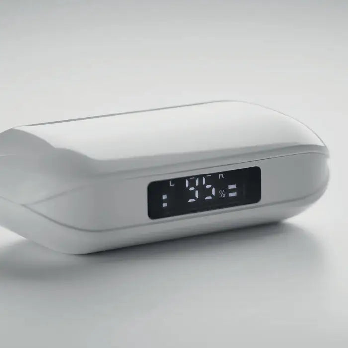 Termostat digital alb casti tws din abs reciclat cu design rotunjit si ecran negru pentru masurarea temperaturii