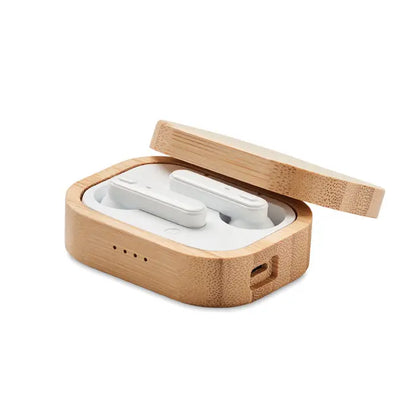 Cști tws albe wireless încarcător din bambus maro deschis cu husă din lemn natural