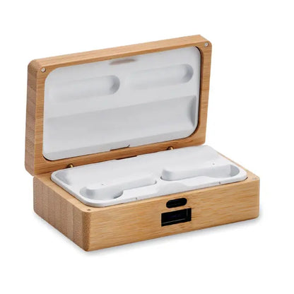 Custi tws in carcasa din bambus cu interior alb si port usb-c pentru incarcare wireless