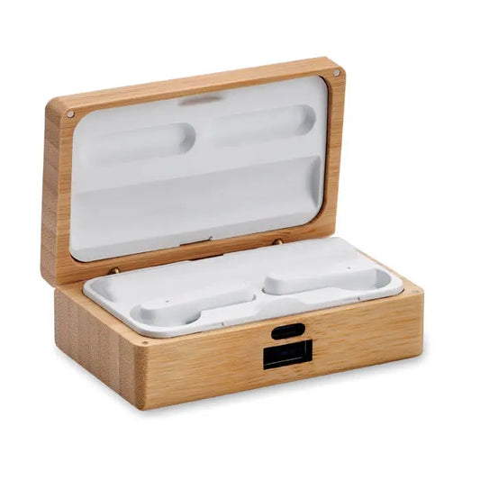 Custi tws in carcasa din bambus cu interior alb si port usb-c pentru incarcare wireless