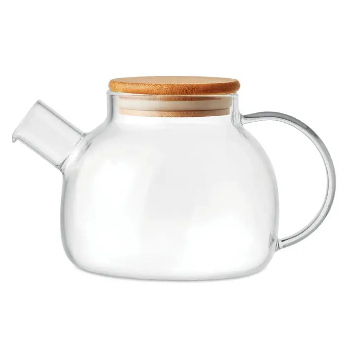 Ceainic din sticla borosilicat transparent cu capac din bambus si maner elegant curbat, capacitate 850 ml