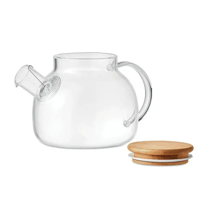 Ceainic din sticla borosilicata transparenta de 850ml cu capac si maner din lemn design elegant