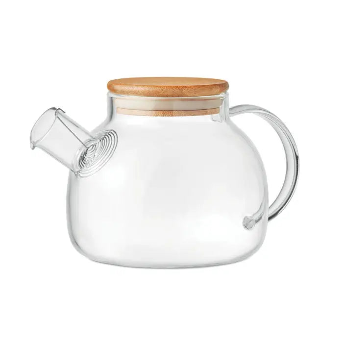Ceainic din sticla borosilicata transparenta 850ml cu capac din bambus si maner curbat