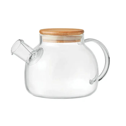 Ceainic din sticla borosilicata transparenta 850ml cu capac din bambus si maner curbat