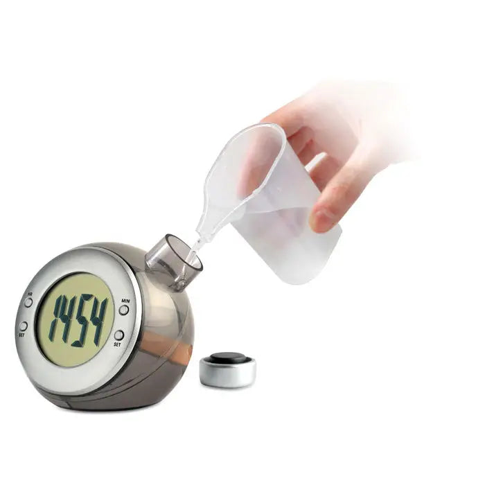 Ceas de birou lcd argintiu si gri cu rezervor de apa incorporat si puias transparent pentru turnare lichide