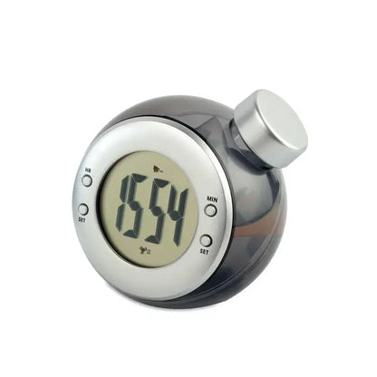 Ceas de birou lcd alimentat cu apa, gri închis cu margine și capac metalic argintiu, design modern și elegant