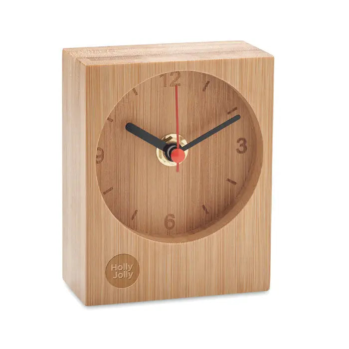 Ceas de masa din bambus minimalist patrato si natural cu limbi negre si secundar rosu pe cadran rotund