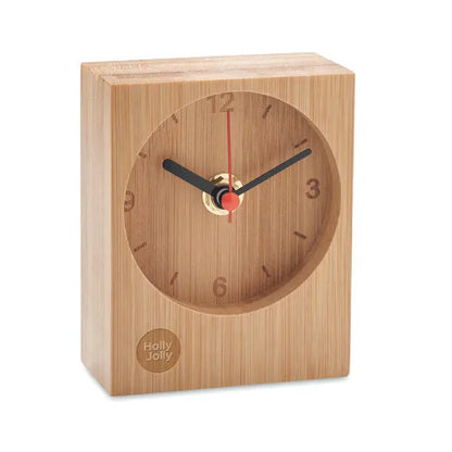 Ceas de masa din bambus minimalist patrato si natural cu limbi negre si secundar rosu pe cadran rotund