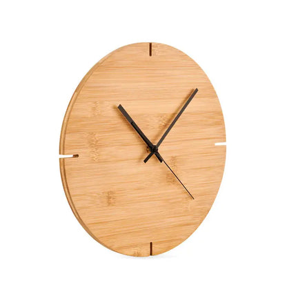 Ceas de perete din bambus de forma rotunda cu fata minimalista din bambus natural si ace negre elegante