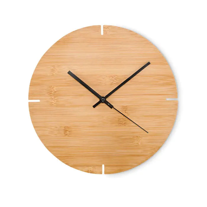 Ceas de perete din bambus de forma rotunda cu fata naturala si ace negre elegante minimalist