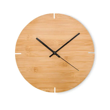 Ceas de perete din bambus de forma rotunda cu fata naturala si ace negre elegante minimalist