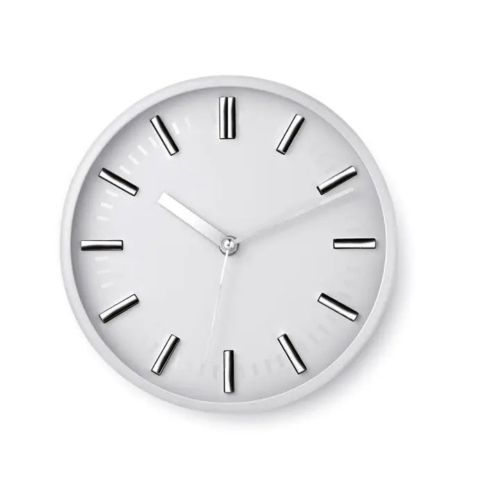 Minimalist ceas de perete rotund alb cu marcaje orare dreptunghiulare argintii si ace asortate elegante