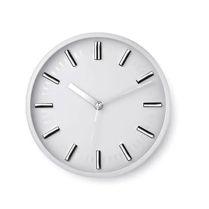 Minimalist ceas de perete rotund alb cu marcaje orare dreptunghiulare argintii si ace asortate elegante