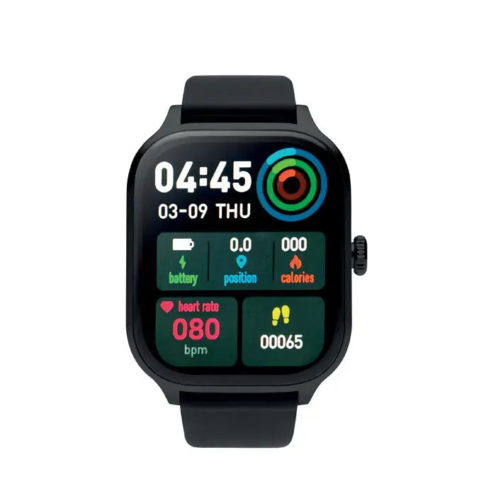 Ceas de sanatate fara fir inteligent negru cu afisaj digital si forma dreptunghiulara care arata metrici de fitness